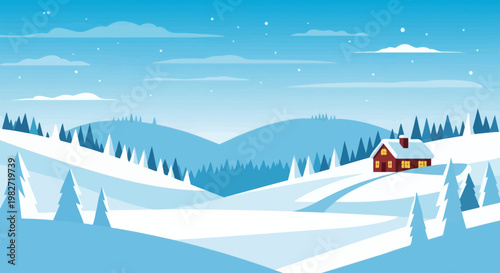 Cozy winter cabin nestled in snowy hills with pine trees and clear blue sky