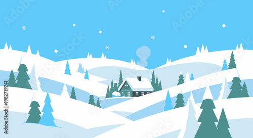 Cozy winter cabin nestled in snowy mountains with falling snowflakes