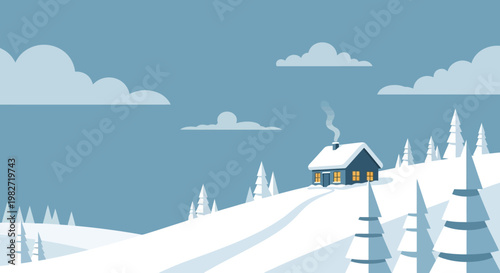Cozy winter cabin on snowy hill with smoking chimney, warm lights, and pine trees under blue sky.