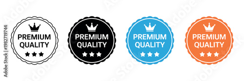 Premium quality badge icon set with decorative labels representing high standard product marking trusted assurance excellence guarantee ecommerce marketing vector illustration