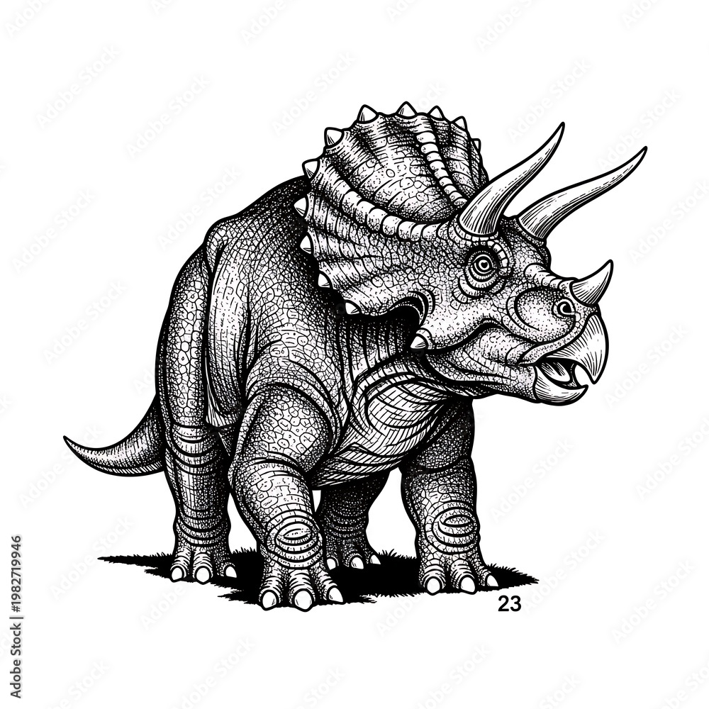 Fototapeta premium Detailed Hand Drawn Illustration of a Triceratops Dinosaur.