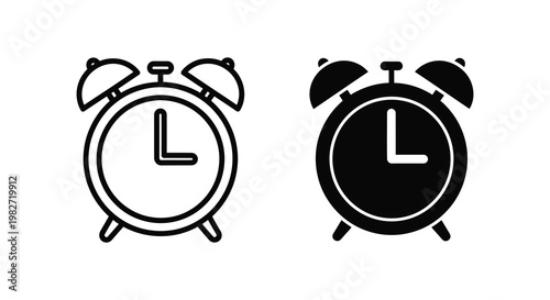 Two classic alarm clocks one outlined and one filled displaying ten o clock silhouette