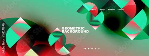 Abstract geometric background features vibrant green, red gradients. Navigation menu includes work, about, portfolio, contact options.