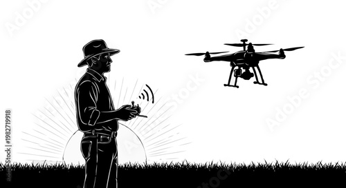 farmer operating drone mapping crops silhouette isolated on white background agriculture technology concept