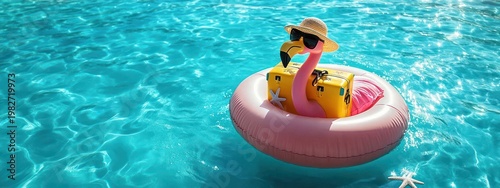 pink flamingo pool float wearing a straw hat and sunglasses holding a yellow suitcase with starfish in sparkling turquoise water, playful summer relaxation