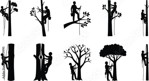 Tree climber silhouettes collection, arborist workers pruning and cutting branches, professional tree care and forestry activities, rope climbing safety concept isolated on white background