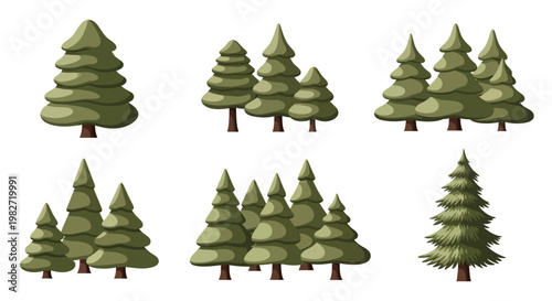 Collection of stylized evergreen trees, pine trees, and fir trees in various cluster arrangements