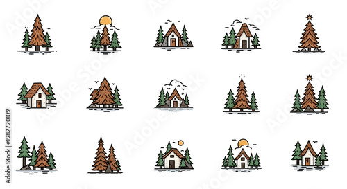 Cozy Cabin and Pine Tree Icons Set: Nature, Forest, and Rural Living Collection