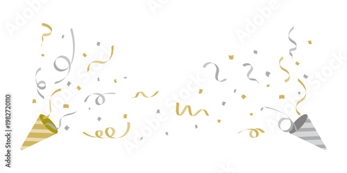 Gold and silver party popper frame from both sides with confetti vector