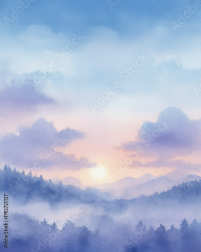 Serenity calm tranquility peace in a pastel watercolor scene a sunrise over misty mountains and pine forest with blue sky and lavender haze