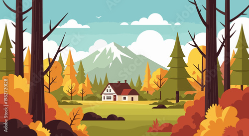 Cozy Cabin in Autumn Forest with Snow-Capped Mountains