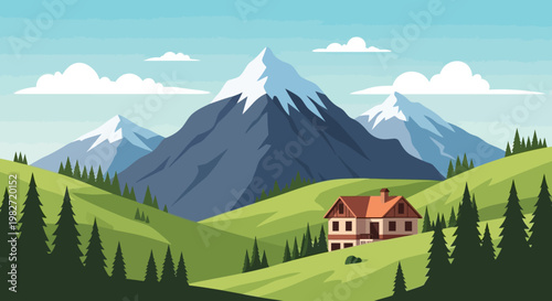 Cozy house nestled in green hills with majestic snow-capped mountains.