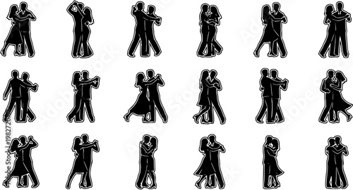 Black and white silhouette icons of couples dancing ballroom waltz, tango, foxtrot, vector stock