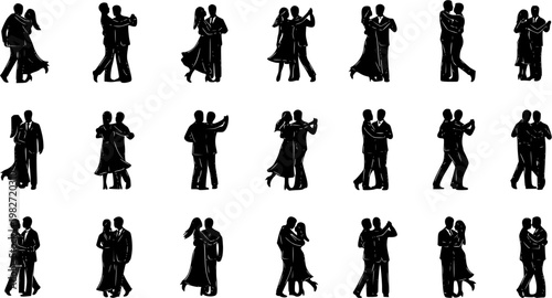 Black  White Silhouette Icons of Couples Dancing, Elegant Ballroom Dancers Vector Set