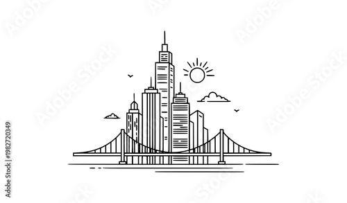 A minimalist line art illustration of a city skyline with a bridge