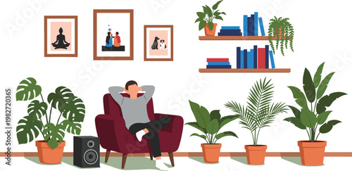 Vector illustration of man relaxing in armchair at home surrounded by many indoor potted plants bookshelves and wall art for comfort and wellness