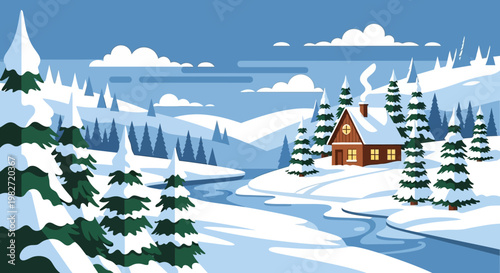 Cozy winter cabin in snowy landscape with frozen river and pine trees