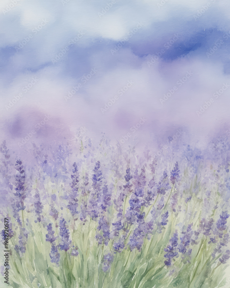 Obraz premium Serenity calmness tranquility haze ethereality to bloom a lavender field with soft mist and blue sky captured in watercolor style to evoke peaceful atmosphere and natural beauty