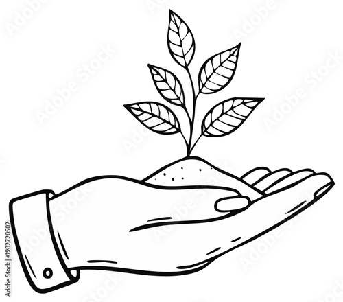 Hand holding soil with seedling, simple outline drawing, symbolizing growth, new beginnings, and care