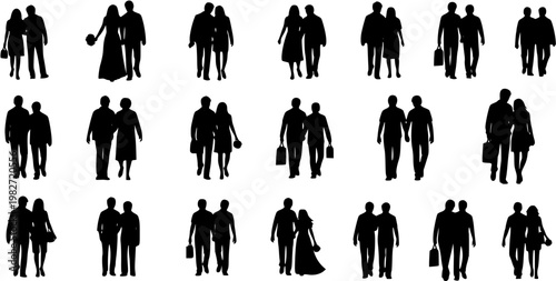 Vector black silhouette couples illustration set, depicting diverse adult pairs walking, holding hands, shopping, and in various relationship scenarios for lifestyle and social themes.