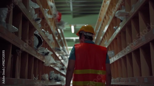Back view of warehouse worker walking through narrow storage aisle with shelves and inventory boxes, wearing safety vest and hard hat in industrial logistics environment
