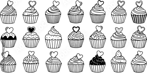Black and White Line Art Doodle Cupcakes with Hearts Vector Set for Food Industry, Bakery, and Valentine's Day Celebrations