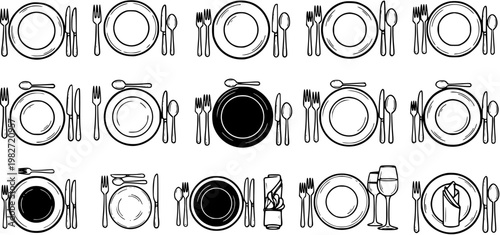 Black  White Line Art Vector Icons: Diverse Dining  Restaurant Table Settings with Plates, Cutlery, and Glasses. Hospitality and Food Service Place Settings Collection.