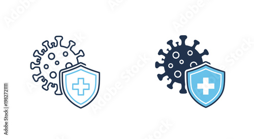 Vector graphic illustration showing a shield with a medical cross protecting against a virus, symbolizing immunity and health defense.