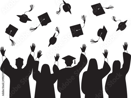 Cap toss with diploma scrolls and confetti