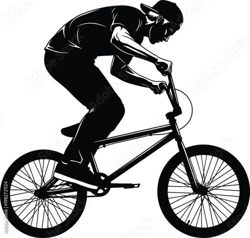 Vector silhouette illustration of a young male athlete performing extreme stunts on a BMX bicycle isolated on white background for sports and action design
