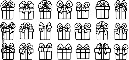 Festive Black and White Line Art Gift Box Icons Collection for Holiday Celebrations, Gifting, Shopping, and Special Occasions - Outline Present Vector Set.