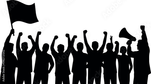 Rights march with crowd holding megaphone and flag