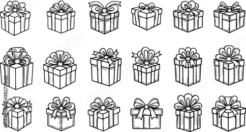 Hand-drawn Black and White Line Art Gift Boxes Collection for Holiday Celebrations, Special Occasions  Shopping Presents