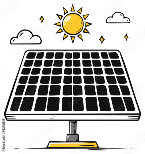 Cartoon solar panel generating clean energy with sun and clouds, renewable power illustration.