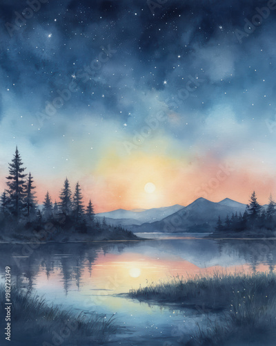 Serenity reflection tranquility twilight harmony dream a watercolor landscape showing a starry night sky above a calm lake with pine silhouette and distant mountains reflected in