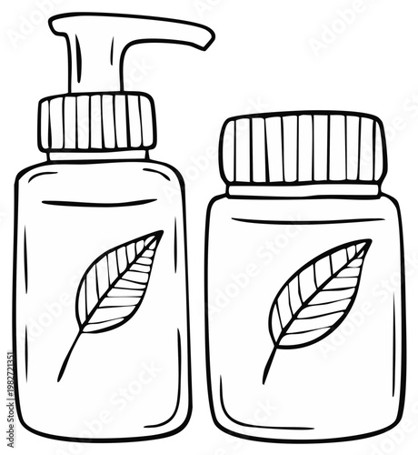 Hand drawn cosmetic bottles with leaf logo for natural skincare and beauty products