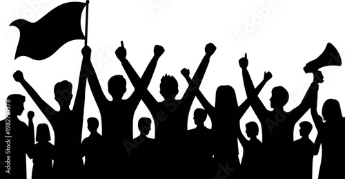 Climate rally with participants holding signs and flag