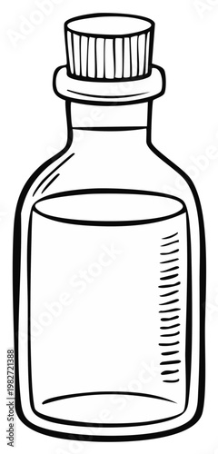 Bottle Sketch with Liquid, Stopper and Transparent Glass, Vector Illustration for Alchemy or Medicine