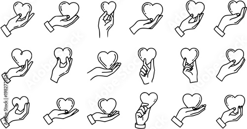 Black and White Line Art Vector Icons: Hands Holding Hearts, symbolizing Love, Care, Donation, Health, Relationships, and Support. Ideal for Charity and Wellness designs.