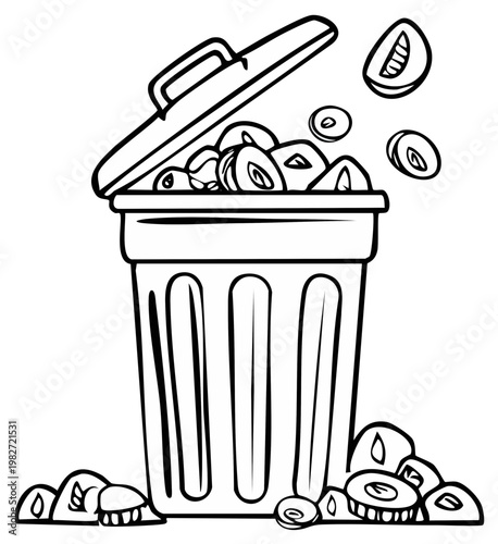 Cartoon of a Trash Can Overflowing with Sliced Tomatoes Spilling Out