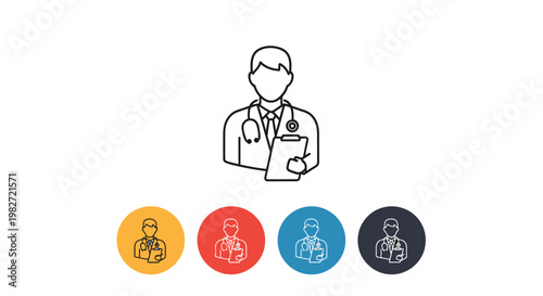 Professional doctor vector line illustration graphic holding a clipboard and wearing a stethoscope for healthcare design.