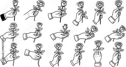 Hand Holding Rose Black and White Line Art Vector - Romantic Floral Icon