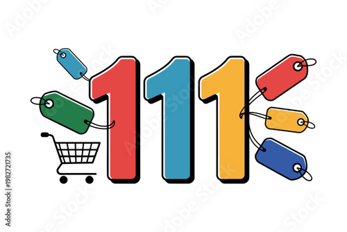 A colorful illustration of the numbers 11 with shopping cart and tags for online shopping and sales