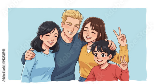 Happy diverse family members hugging and posing together in this vibrant colorful digital vector graphic illustration design
