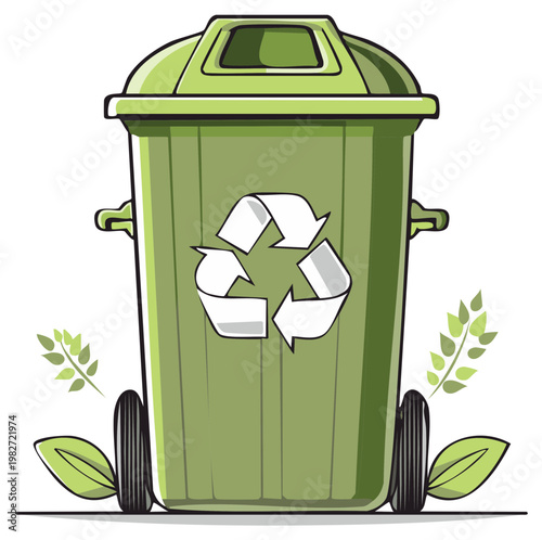 Green recycling bin with lid for sorting and disposing of waste illustration