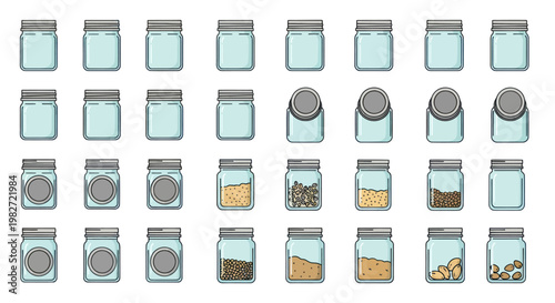 Collection of Empty and Filled Glass Jars with Lids, Various Sizes and Contents
