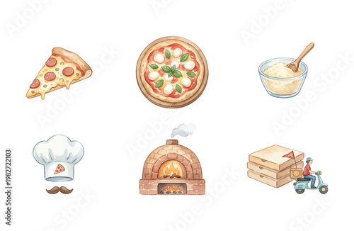 Set of Pizza Icons Watercolor Illustrations