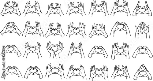 Heart Hands Line Art Collection. Black and White Human Hand Gestures Forming Love Symbol. Vector for Valentine, Care, Health  Community