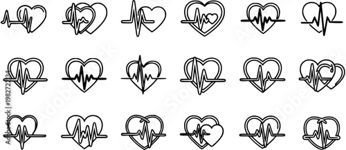 Black and White Line Art Heartbeat ECG Heart Icons Set, Medical Cardiology Symbol Collection