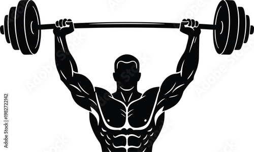 Weightlifting athlete silhouette vector, muscular bodybuilder lifting barbell overhead, strength training workout concept, gym fitness power, bodybuilding sport illustration design